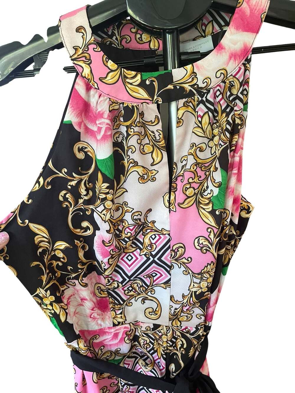 New York & Company Baroque Floral Maxi Dress Pink Gold Bold Print Resort Size S - Picture 7 of 10